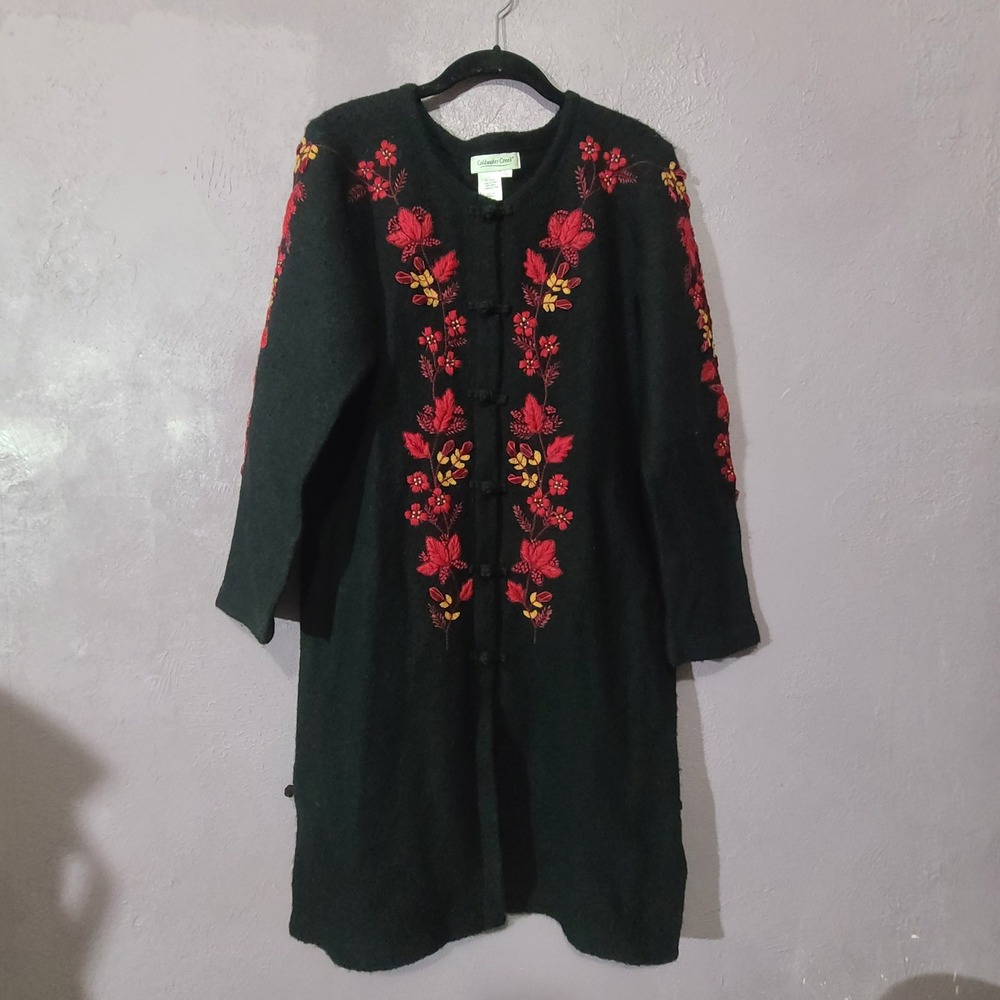 Coldwater Creek Boiled‎ Wool Embroidered Duster Cardigan Womens L Multi Floral